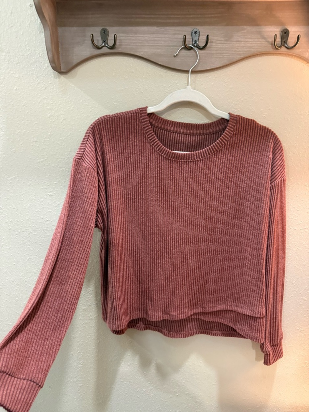 Ribbed Long-Sleeve Pullover Top - Dusty Rose